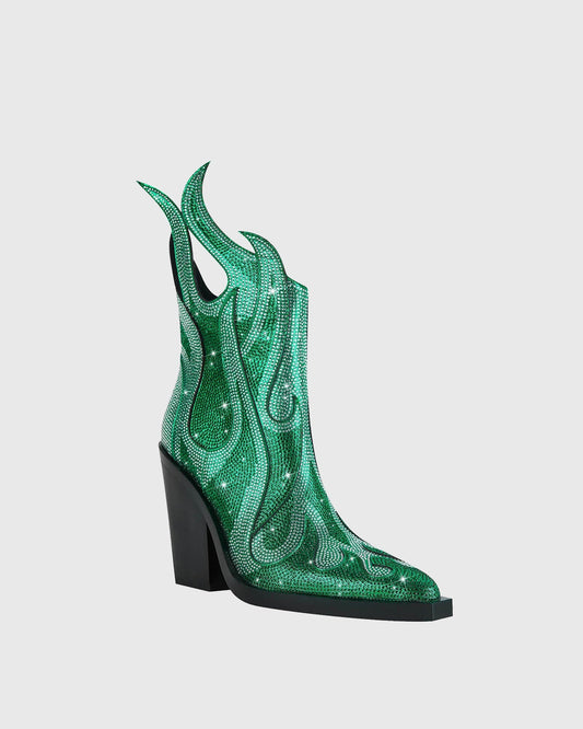 Beronia Rhinestone Embellished Flame Ankle Boots In Green