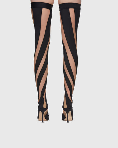 Lorenza Stripe Mesh Over The Knee Boots In Black