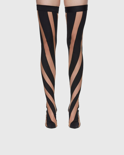 Lorenza Stripe Mesh Over The Knee Boots In Black