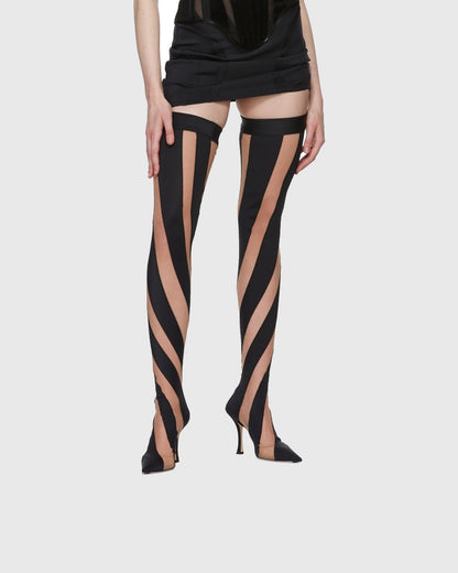Lorenza Stripe Mesh Over The Knee Boots In Black