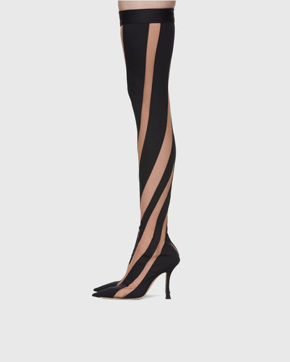 Lorenza Stripe Mesh Over The Knee Boots In Black