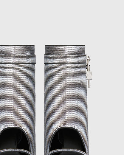 Bionda Buckle Rhinestone Embellished Satin Knee High Boots