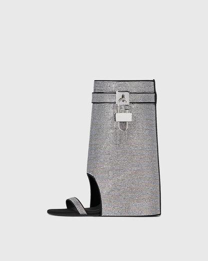 Bionda Buckle Rhinestone Embellished Satin Knee High Boots