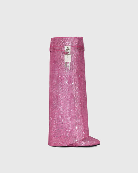 Bionda Buckle Rhinestone Velvet Knee High Boots In Pink