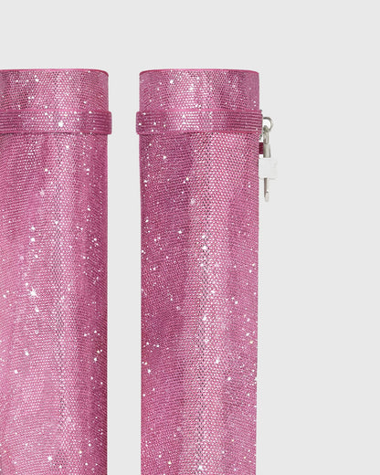 Bionda Buckle Rhinestone Velvet Knee High Boots In Pink