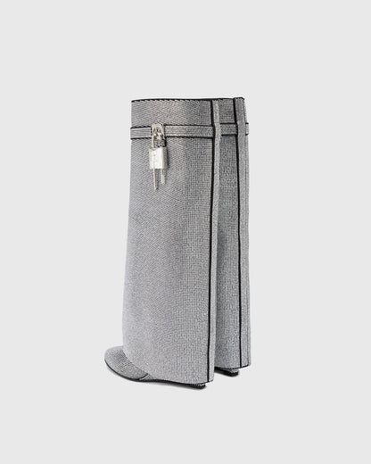 Bionda Buckle Rhinestone Velvet Knee High Boots In Silver