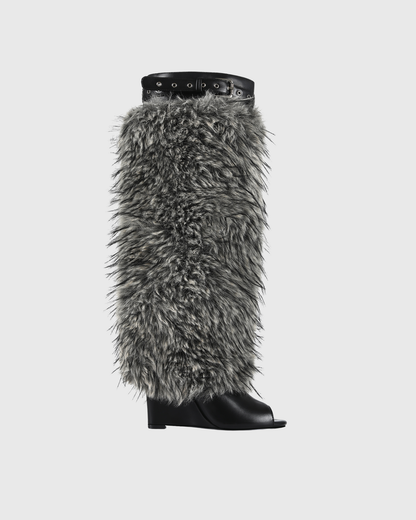 Bionda Faux Fur Eyelet Wedge Boots In Grey