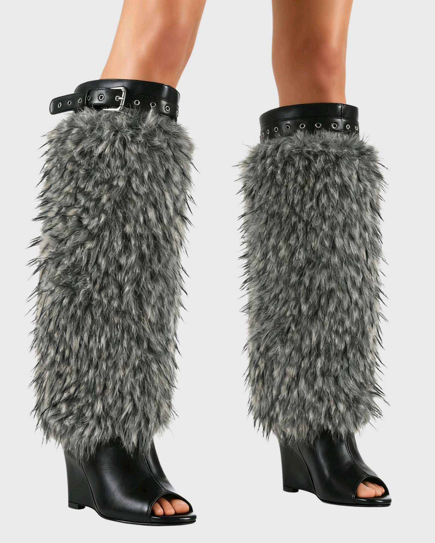 Bionda Faux Fur Eyelet Wedge Boots In Grey