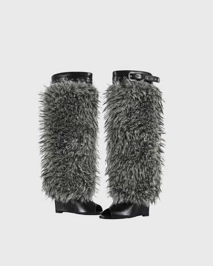 Bionda Faux Fur Eyelet Wedge Boots In Grey