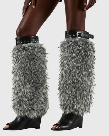Bionda Faux Fur Eyelet Wedge Boots In Grey