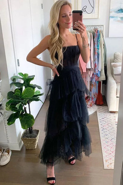 PM414,Elegant A-line Layered Tulle Black Prom Dress,Sheer Corset Long Evening Dress,Black Graduation Dres