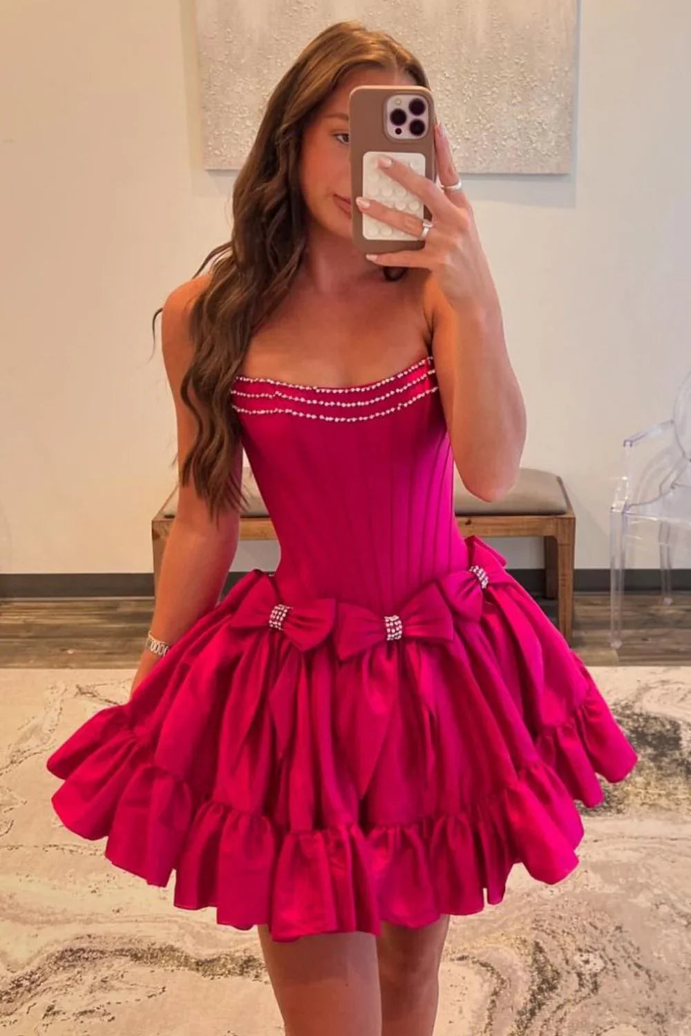 Pretty A-Line Strapless Short Satin Homecoming Dress with Bowknots
