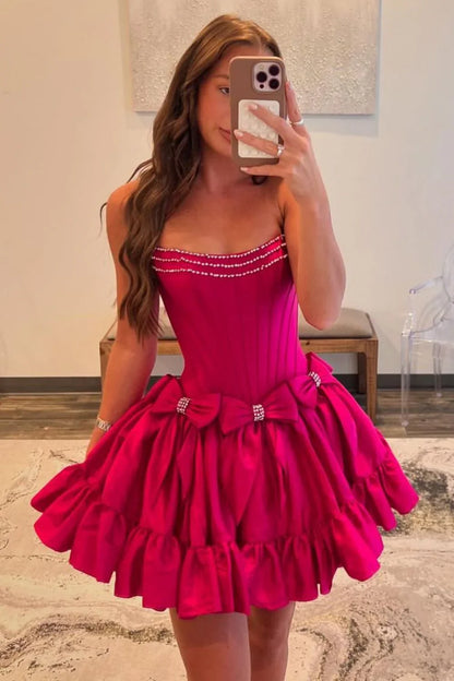 Pretty A-Line Strapless Short Satin Homecoming Dress with Bowknots