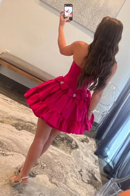 Pretty A-Line Strapless Short Satin Homecoming Dress with Bowknots