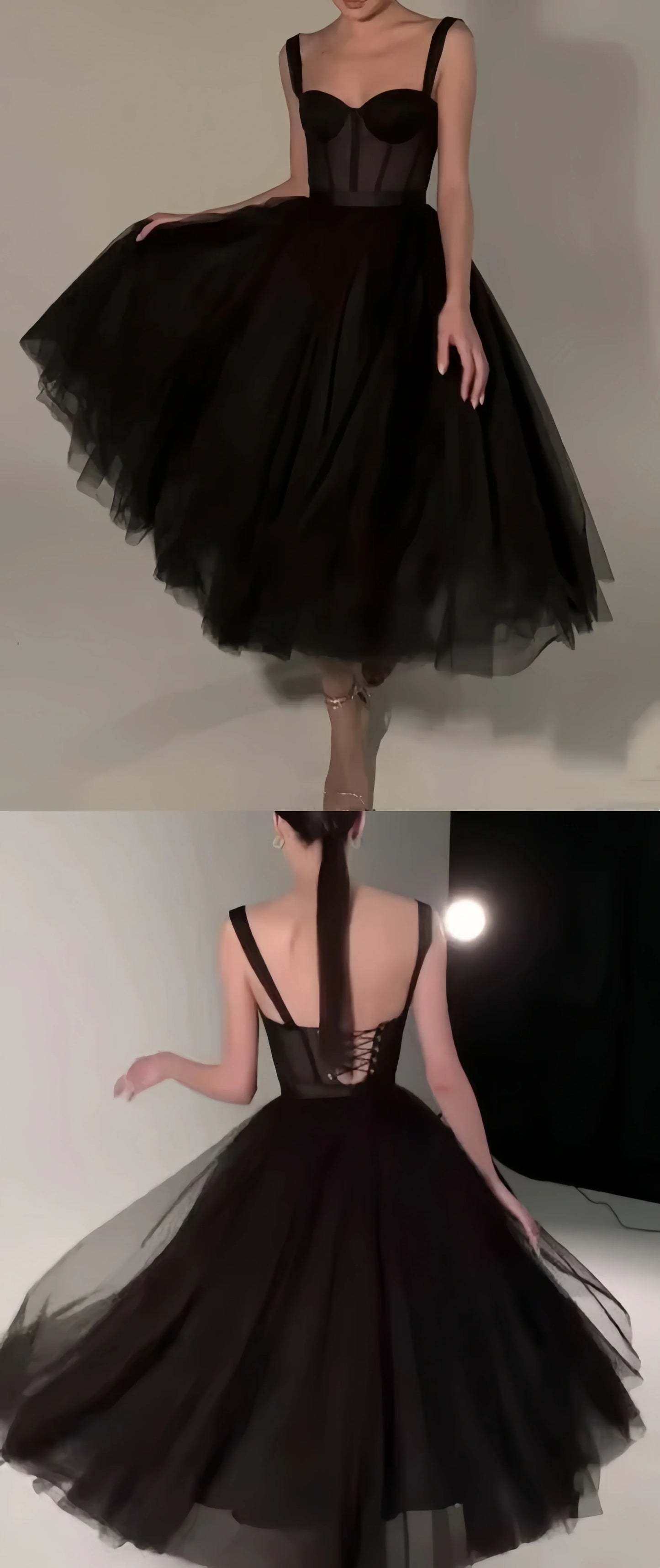 Black Midi Dress, Tulle Prom Dress, Black Formal Dresses, A-line Evening Dresses