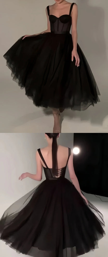 Black Midi Dress, Tulle Prom Dress, Black Formal Dresses, A-line Evening Dresses