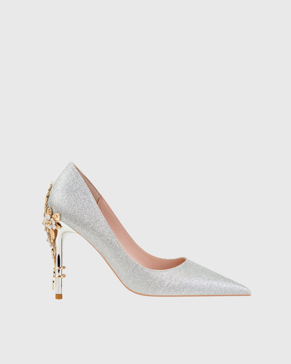 Blair Glitter Metal Flower Heels In Silver