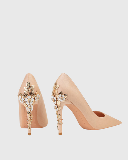 Blair Velvet Metal Flower Heels In Natural