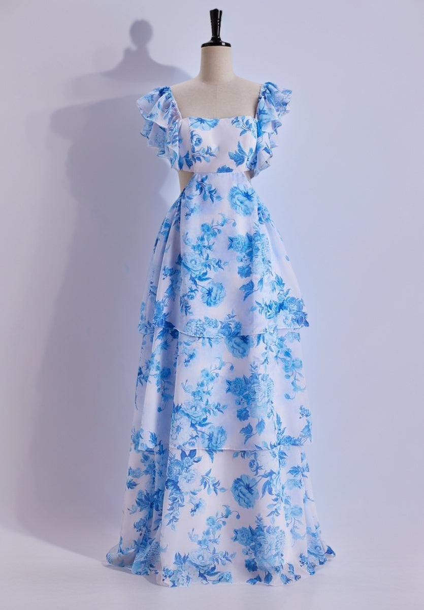 Blue Floral Flutter Sleeves A-line Formal Dress,Long Prom Dresses Unique