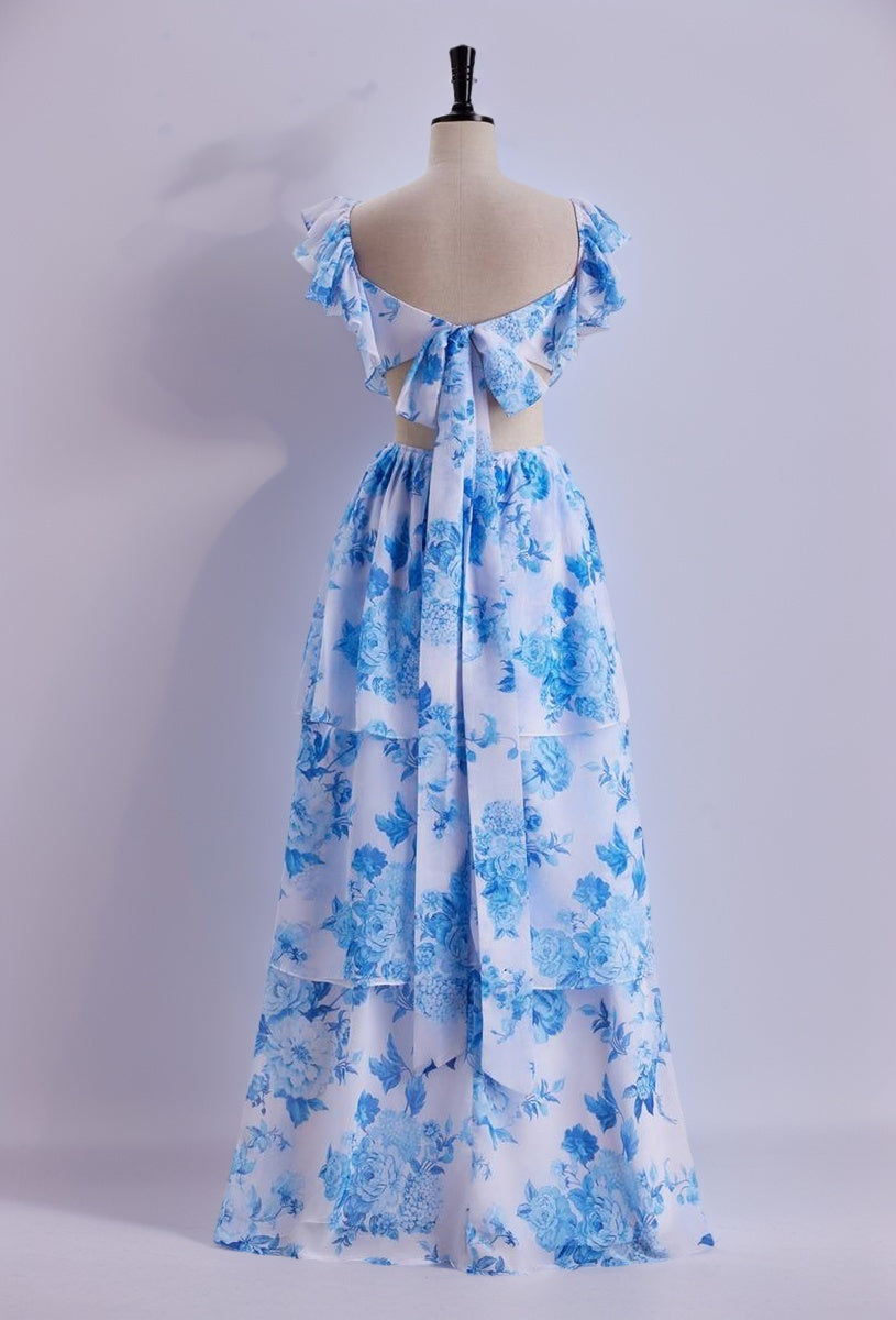 Blue Floral Flutter Sleeves A-line Formal Dress,Long Prom Dresses Unique