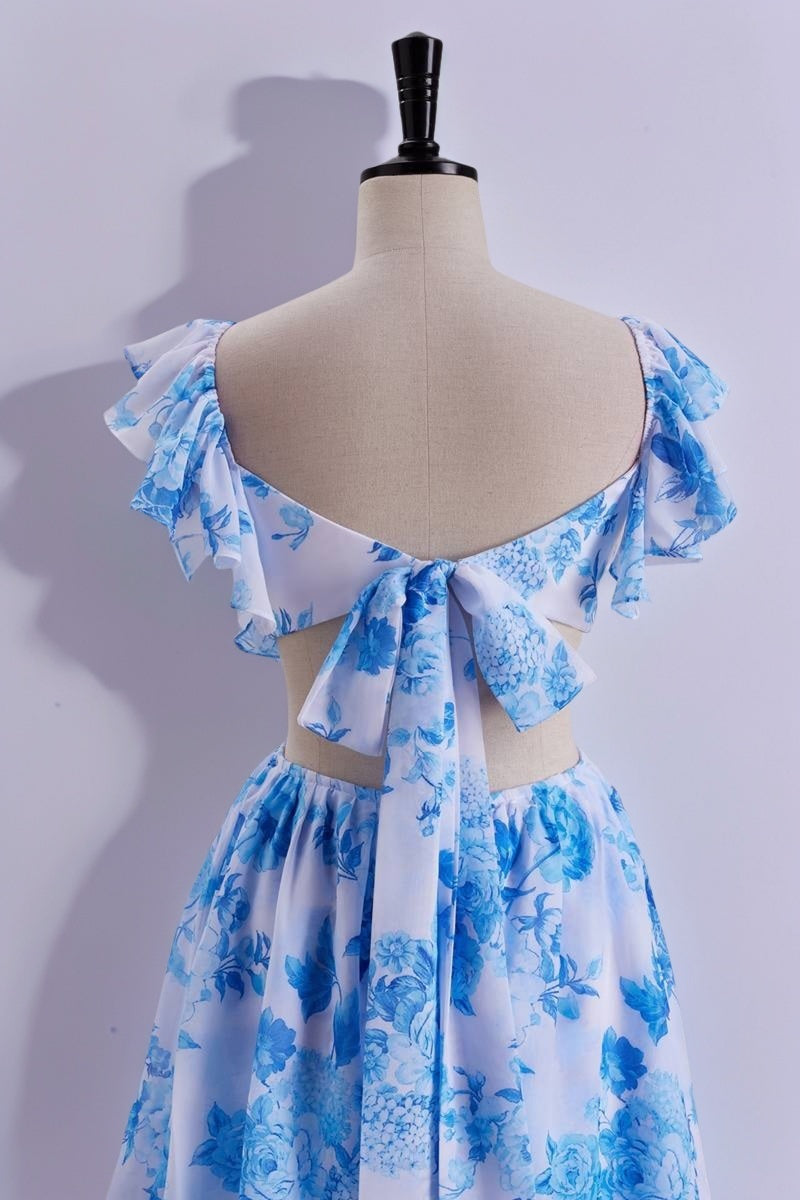 Blue Floral Flutter Sleeves A-line Formal Dress,Long Prom Dresses Unique