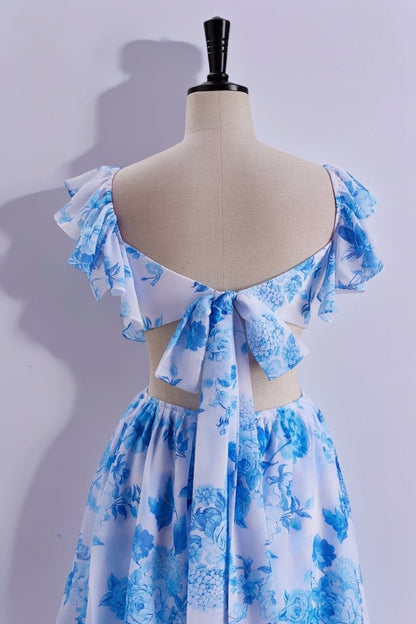 Blue Floral Flutter Sleeves A-line Formal Dress,Long Prom Dresses Unique