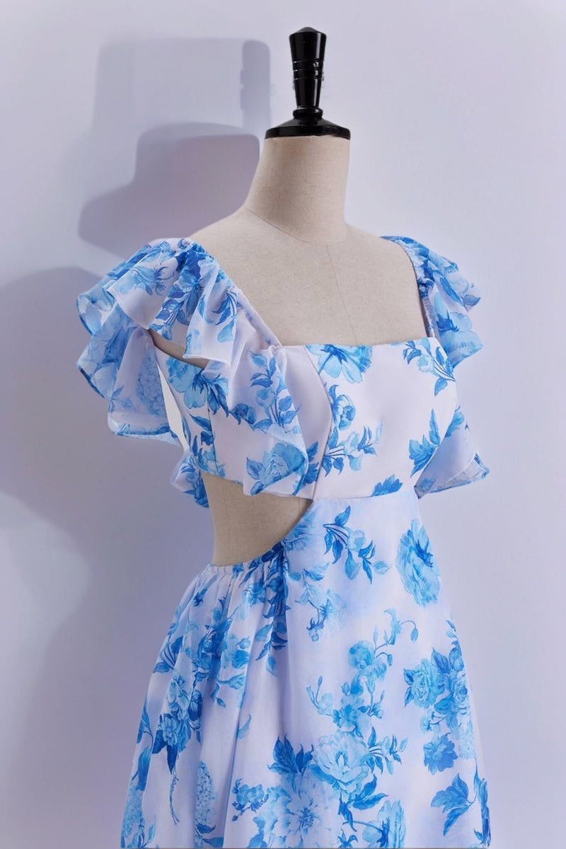 Blue Floral Flutter Sleeves A-line Formal Dress,Long Prom Dresses Unique