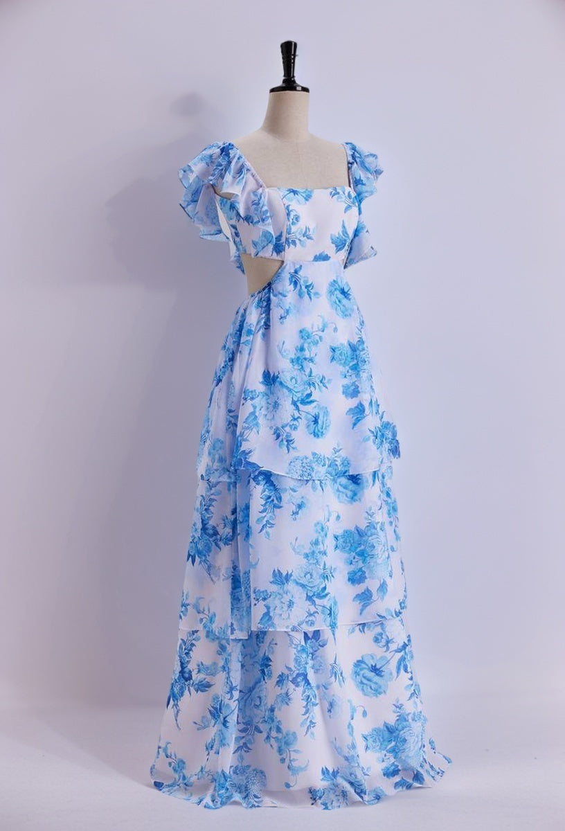 Blue Floral Flutter Sleeves A-line Formal Dress,Long Prom Dresses Unique