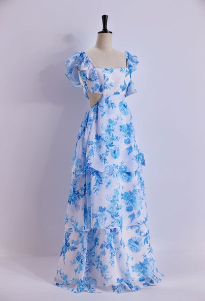 Blue Floral Flutter Sleeves A-line Formal Dress,Long Prom Dresses Unique