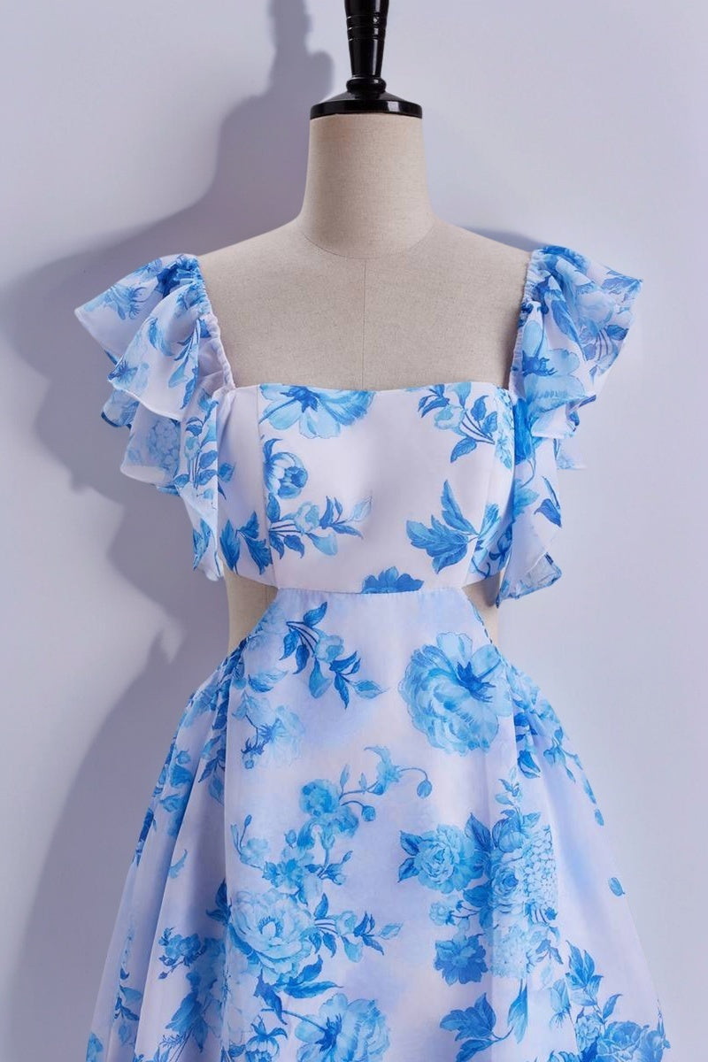 Blue Floral Flutter Sleeves A-line Formal Dress,Long Prom Dresses Unique