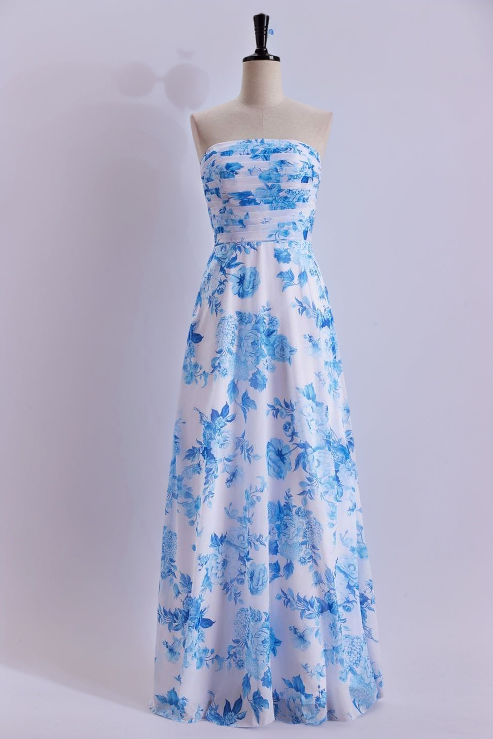 Blue Floral Print Strapless Prom Dress Long Formal Evening Dresses
