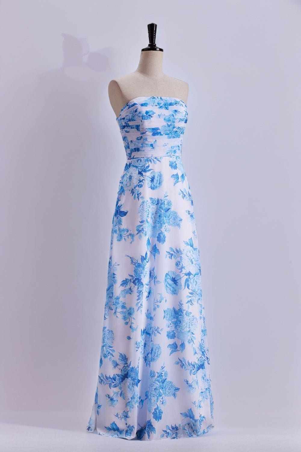Blue Floral Print Strapless Prom Dress Long Formal Evening Dresses