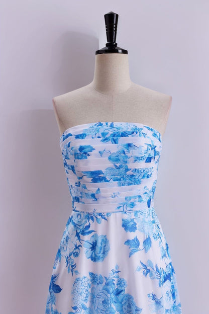 Blue Floral Print Strapless Prom Dress Long Formal Evening Dresses