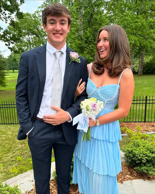 Blue Tiered Chiffon Formal Dress,Long Party Dresses Graduation Gown