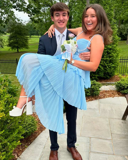 Blue Tiered Chiffon Formal Dress,Long Party Dresses Graduation Gown