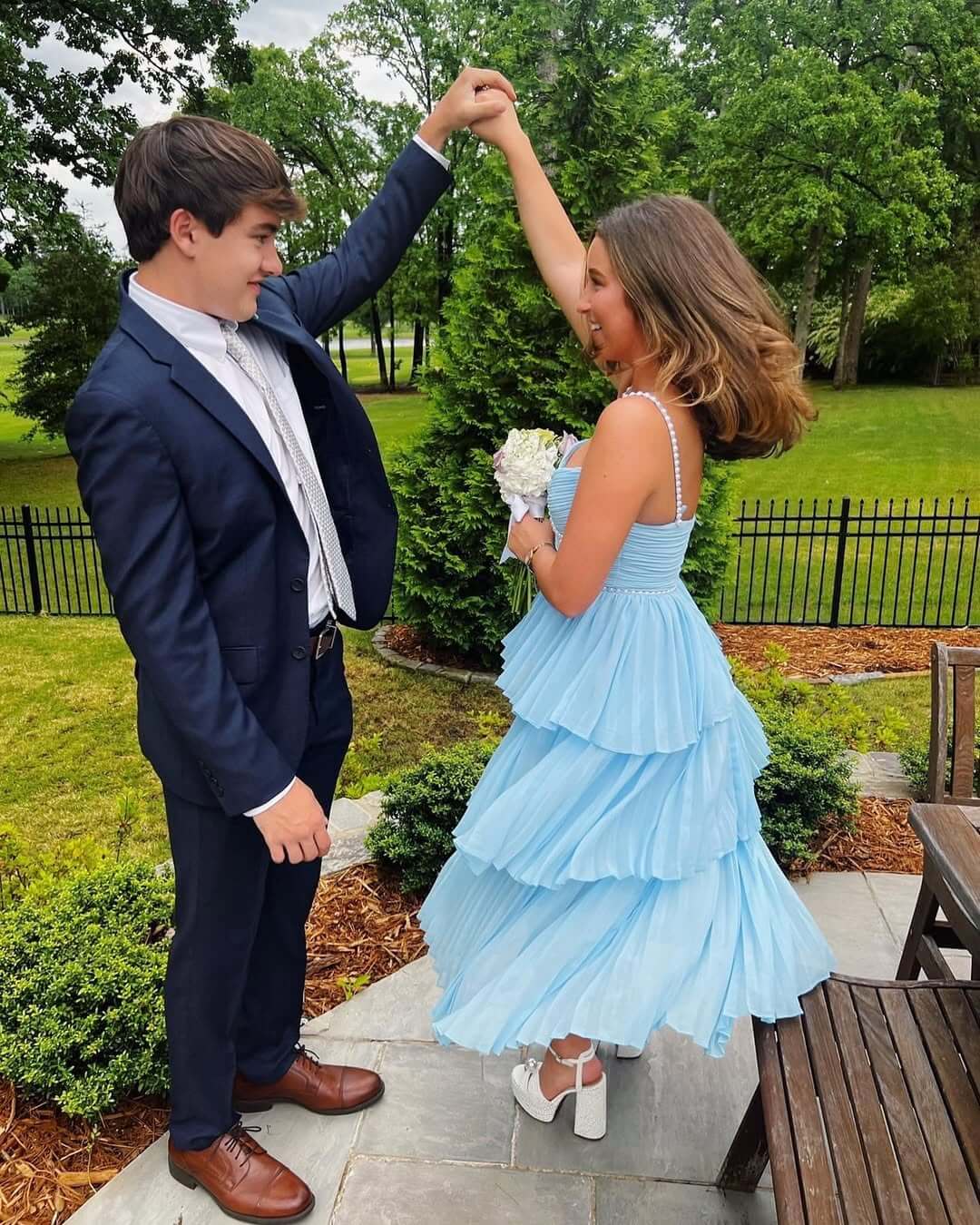 Blue Tiered Chiffon Formal Dress,Long Party Dresses Graduation Gown