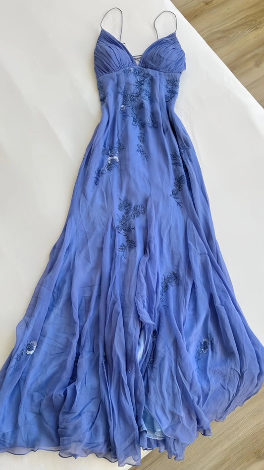 Blue Chiffon Sheath Long Prom Dress With Appliques, Slit Evening Party Dress, AST1521
