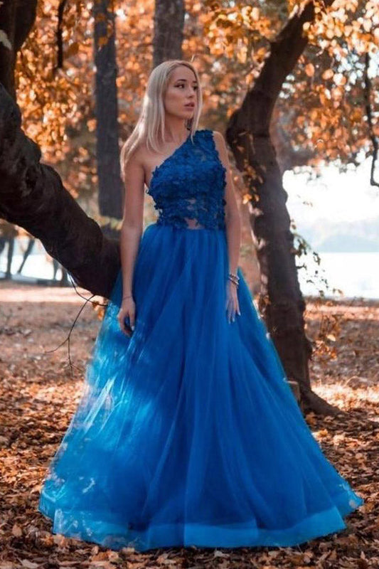 Blue Lace One Shoulder Tulle Prom Dress Long Formal Dress,WP280