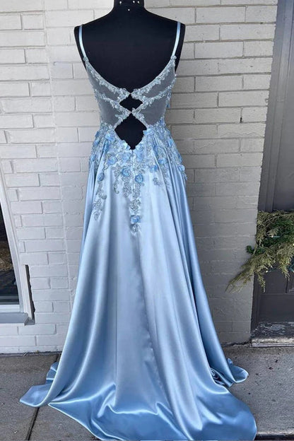 Blue Satin 3D Flowers Prom Dresses A Line Evening Dresses,WQ107