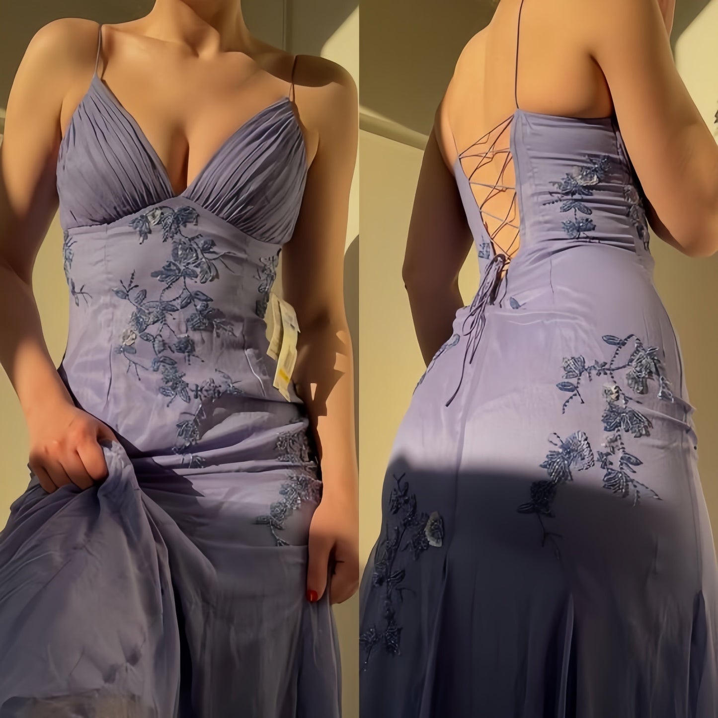Blue Long Prom Dresses, Chiffon Evening Dresses, Appliques Party Dresses, Sheath Formal Dress