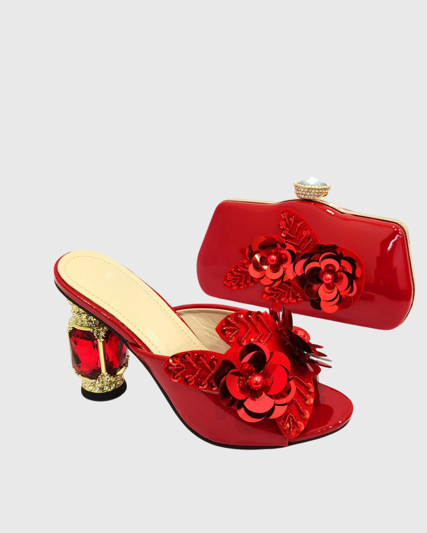 Blythe Flower Embellished Diamond Heels & Bags Set In Red