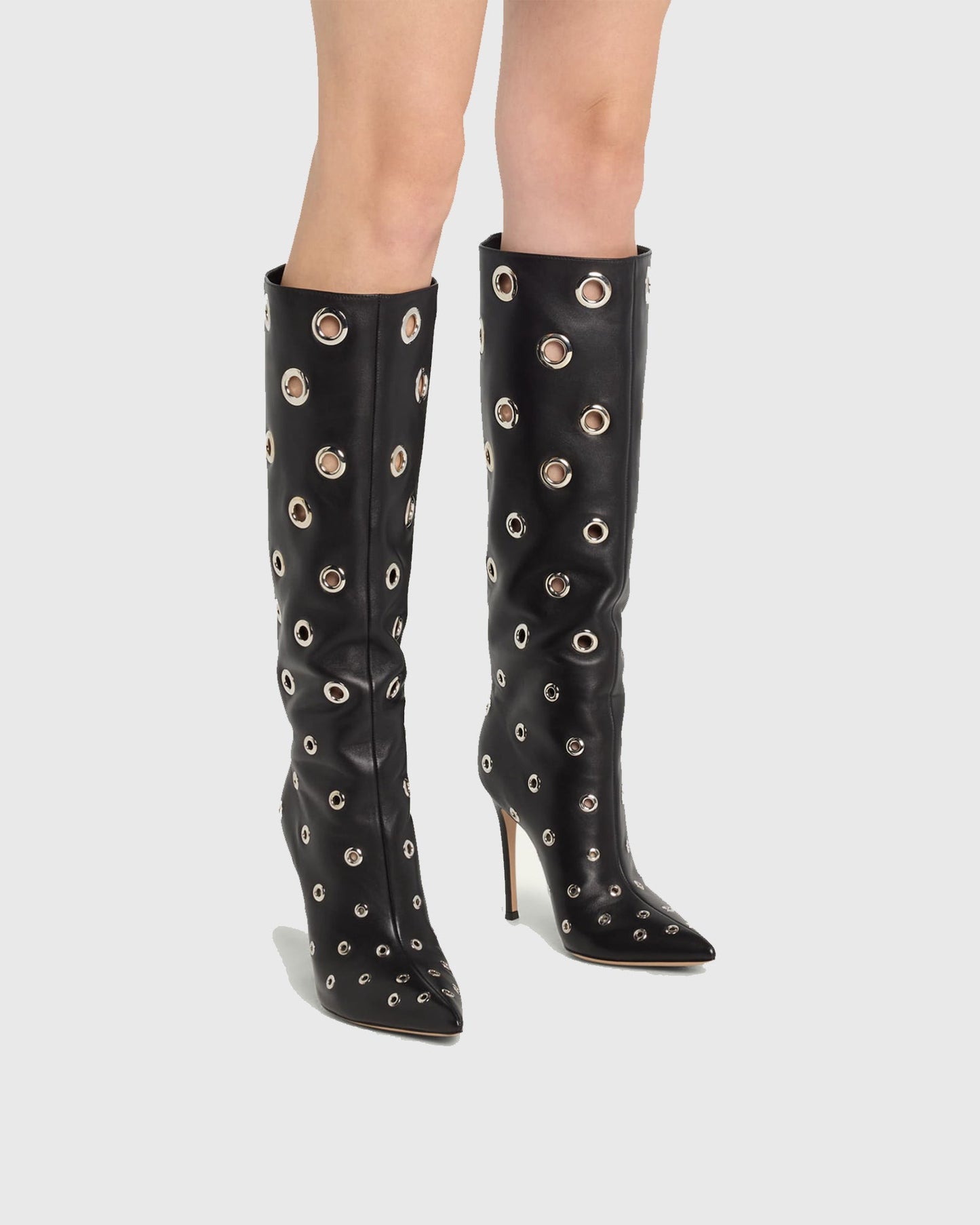 Brunilda Rivet Cutout Leather Knee High Boots In Black