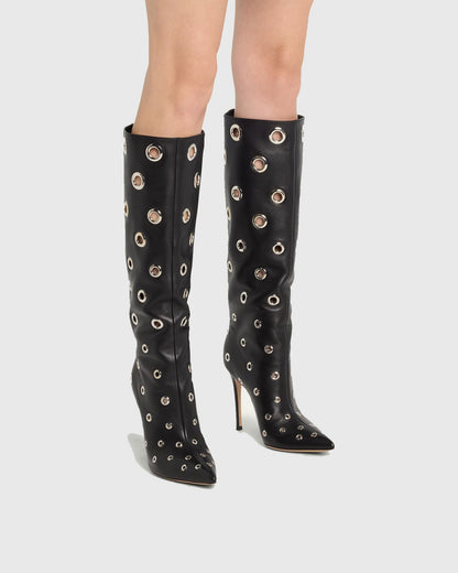 Brunilda Rivet Cutout Leather Knee High Boots In Black