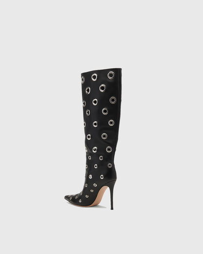 Brunilda Rivet Cutout Leather Knee High Boots In Black