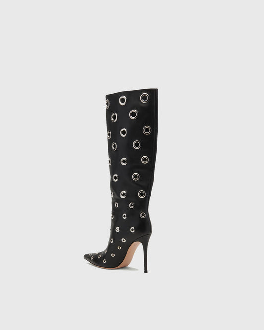 Brunilda Rivet Cutout Leather Knee High Boots In Black
