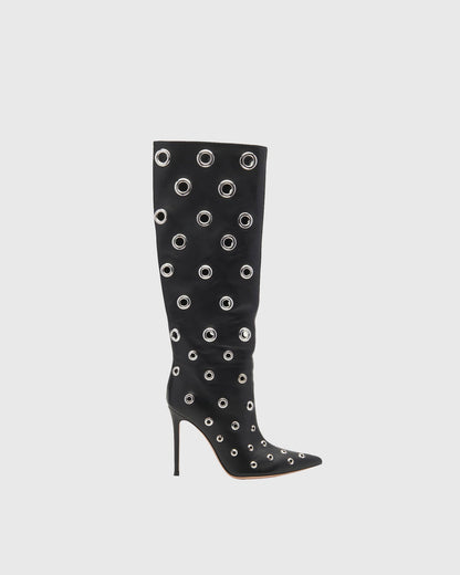 Brunilda Rivet Cutout Leather Knee High Boots In Black