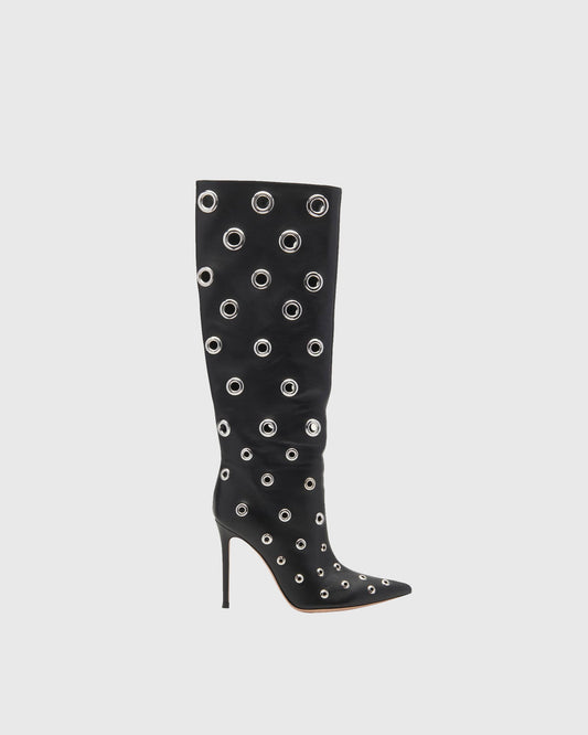 Brunilda Rivet Cutout Leather Knee High Boots In Black
