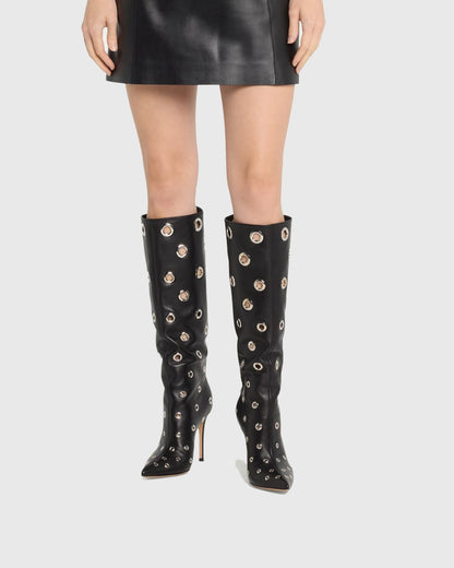 Brunilda Rivet Cutout Leather Knee High Boots In Black