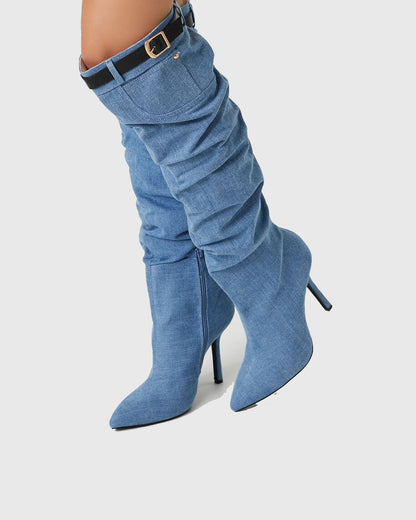 Gaetana Buckle Denim Cowboy Knee High Boots