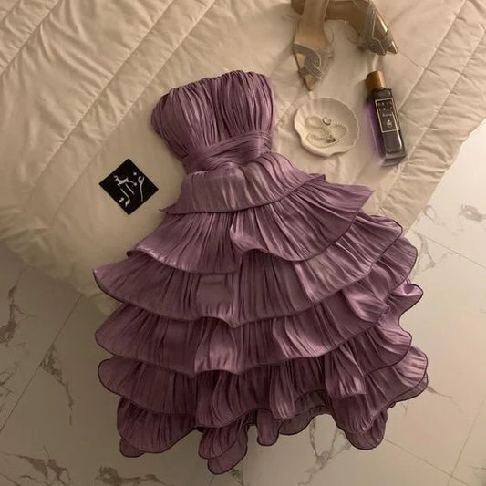Chic Light Purple A-Line Homecoming Dress Strapless Pleated Party Dress Short Tiered Cocktail Dress TP4665